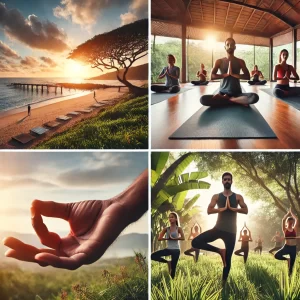DALL·E 2025-01-02 03.12.10 - A four-photo collage featuring different aspects of yoga_ (1) A serene morning yoga session on a beach with the sun rising, a person in a tree pose. (