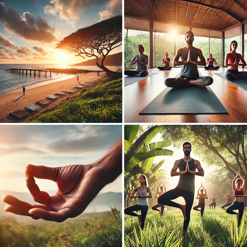 DALL·E 2025-01-02 03.12.10 - A four-photo collage featuring different aspects of yoga_ (1) A serene morning yoga session on a beach with the sun rising, a person in a tree pose. (