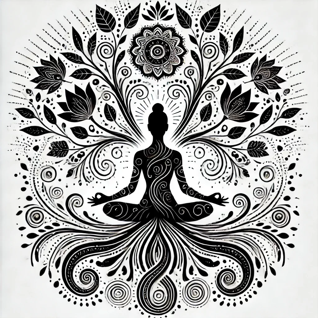 DALL·E 2024-12-16 15.37.41 - A silhouette of a person meditating in a yoga lotus pose, blending human and nature. The figure forms part of a tree, with intricate branches extendin DALL·E 2024-12-16 15.37.41 - A silhouette of a person meditating in a yoga lotus pose, blending human and nature. The figure forms part of a tree, with intricate branches extendin
